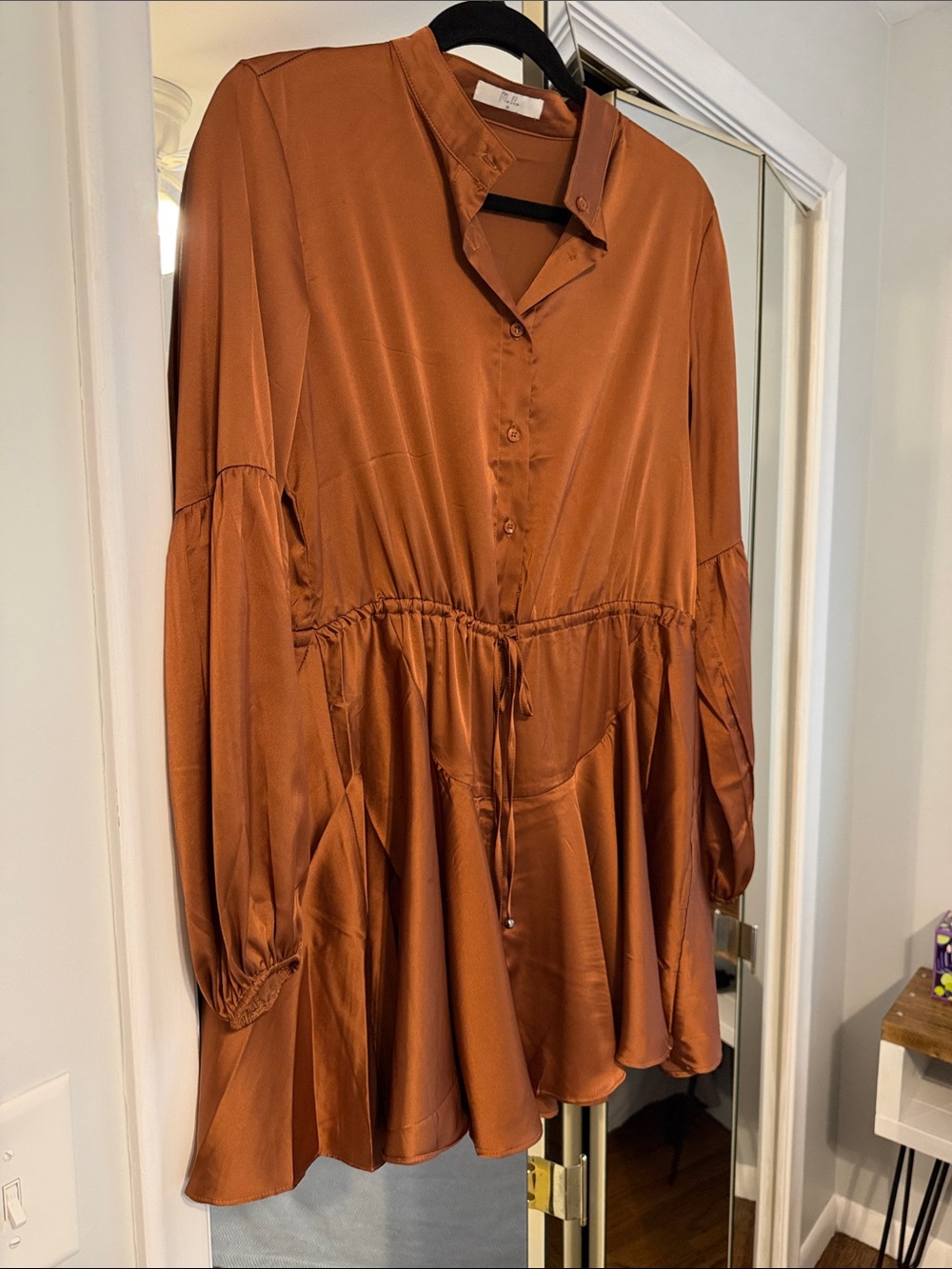 Satin Long-Sleeve Drawstring Waist Dress in Rust